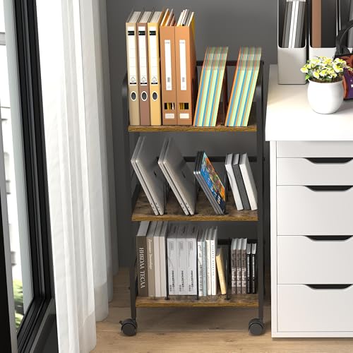 Feyejade Rolling Book Cart with Removable Dividers, 3-Tier File Cart with Wheels, Utility Storage Rack for Office, Home, Classroom, Art Supply Organizer, Binder and Laptop Shelf Rack