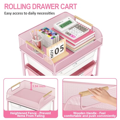 SYKIARIOL 4-Drawer Rolling Storage Cart with Mesh Top, Rose Pink | Utility Craft Organizer Cart on Wheels with DIY Labels, Rolling Drawer Cart for Home Office Classroom Bedroom - color: Gradient Pink