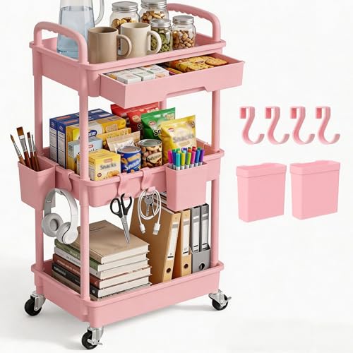 3 Tier Rolling Utility Cart with Drawer, Plastic Storage Organizer Rolling Carts with Wheels Handles Hanging Cups Hooks for Office, Bathroom, Kitchen,Craft Art Room (Pink) - color: Pink, size: 3-Tier