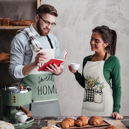 Apron with Pockets, 32x28 inch, 2 Pack, Sage Green | Eucalyptus Leaf Floral Herbs Adjustable Bib with Pockets for Women Men Couple Lovers Chef Home Baking Gardening - color: Cream Green