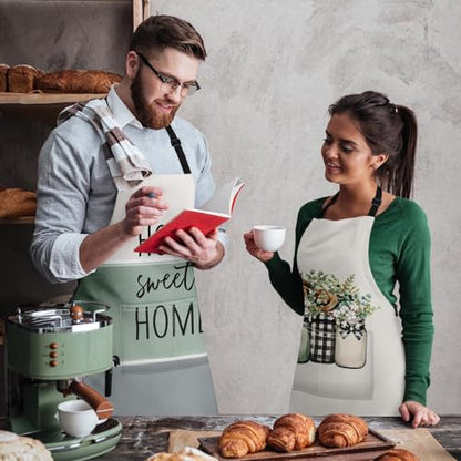 Apron with Pockets, 32x28 inch, 2 Pack, Sage Green | Eucalyptus Leaf Floral Herbs Adjustable Bib with Pockets for Women Men Couple Lovers Chef Home Baking Gardening - color: Cream Green
