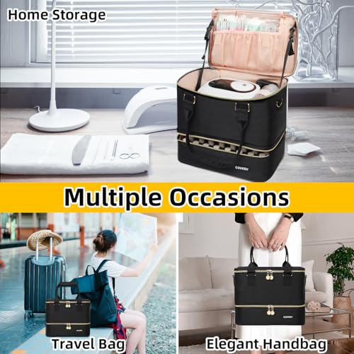 Covkev Nail Polish Organizer Hold 80 Bottles (15ml/0.5 fl.oz)& Nail Lamp, Double Layer Nail Bag Organizer Case with Handle, Large Nail Supplies& Kit Storage Case for Women Travel (Black& Golden)