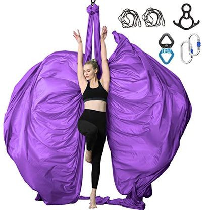 Aerial Silks Yoga Swing Set, Fitness Aerial Yoga Kit | Anti-Gravity Flight Aerial Yoga Hammock Kit; Low/Non Stretch Nylon Tricot Fabric; For Fitness & Dance; Hardware Included - color: Violet