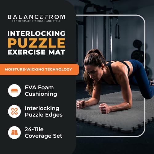 BalanceFrom Puzzle Exercise Mat 3/4-inch Thick, EVA Interlocking Foam Floor | Tiles for Home Gym, Mat for Home Workout Equipment, Floor Padding for Kids, Gray, 24 in x 24 in x 3/4 in, 96 Sq Ft - 24 Tiles - color: Grey, style: 3/4" Thick, 96 Square Feet