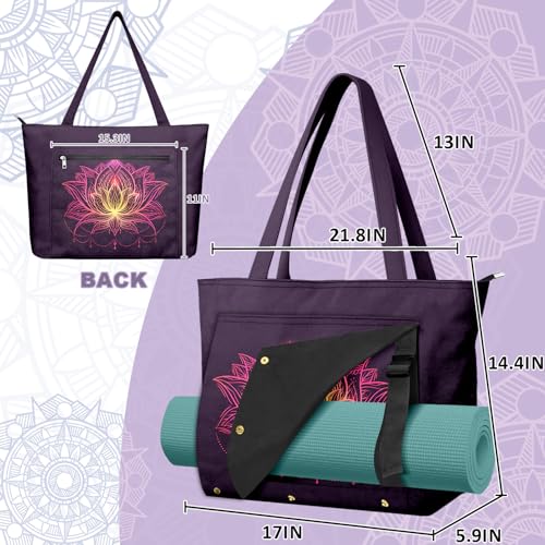 Yoga Bag for Women, Large Canvas Yoga Mat Tote Bag with Yoga Mat Carrier | Large Mat Pocket Fitness Tote for Pilates, Gym, Travel, Office & Beach - color: Purple Flower