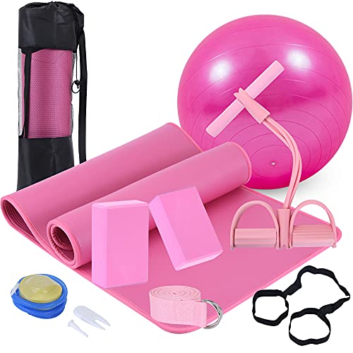 Yoga Mat Set for Beginners,Yoga Mat with Carrying Strap,Yoga Blocks 2 Pack with Yoga Strap,Yoga Ball,Ankle Puller,11-Piece Yoga Kits and Sets for Beginners,Yoga Starter Kit for Women Men - color: Pink