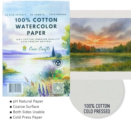 Creo Crafts 100% Cotton Watercolor Paper A4 (8.3 x 11.7 in) - 36 Sheets, 250 GSM Cold Pressed, Gelatin Sized, Acid-Free Natural White Artist Paper for Watercolour & Gouache - size: A4