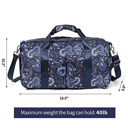 Boulder Bee Pickleball Tote Bag for Women with Paddle Holder | Fits 2 paddles. 2 side pockets for water bottle. Lightweight. Vintage floral patterns. Perfect gym & court bag. - color: Blue cashew flower-Duffel Bag