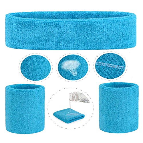 ONUPGO Sweatband Set Sports Headband Wristband Set Sweatbands Terry Cloth Wristband Wrist Sweatband Headbands Moisture Wicking Sweat Absorbing Head Band - color: Neon Blue