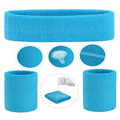 ONUPGO Sweatband Set Sports Headband Wristband Set Sweatbands Terry Cloth Wristband Wrist Sweatband Headbands Moisture Wicking Sweat Absorbing Head Band - color: Neon Blue