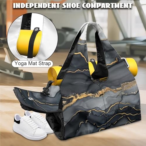 Yoga Gym Bag with Removable Adjustable Shoulder Strap, Shoe Compartment & Top Yoga Mat Holder 17.72x8.66x9.84in - color: Black Marble Textured Print