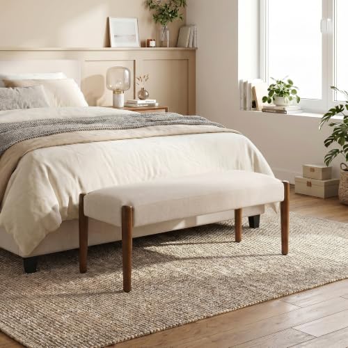Usaint 42" End of Bed Bench with Wood Legs, Beige with Walnut Leg - color: Beige With Walnut Leg