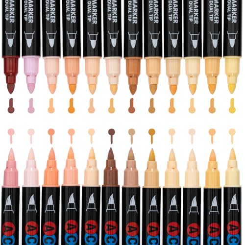 Acrylic Paint Markers, 24 Skin Tone Markers - Dual Tip Art Pens with Brush & Fine Point for Rock Painting, Fabric, Canvas, Wood, DIY Crafts - Flesh Tone Craft Paint & Art Supplies