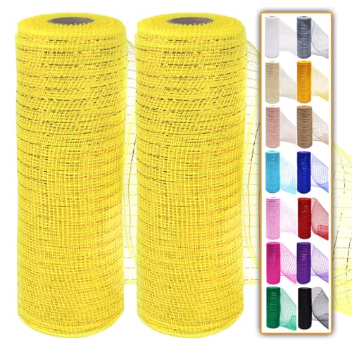 Yellow Mesh Ribbon Rolls 10 Inch 10 Yds, Deco Mesh Fabric for Wreaths | (2 Rolls) 30Ft Each, Decorative Foil Mesh for Christmas Tree Ribbon, Door Decor, DIY Crafts, Halloween, Wedding Party Supplie - color: Yellow