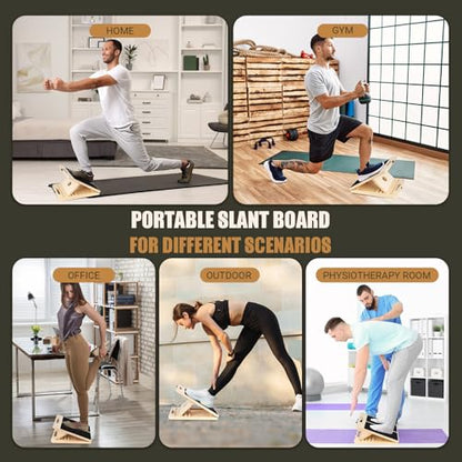 Calf Stretch Slant Board with Resistance Band, 300lb Portable Incline Board | Training Poster, Non-Slip Adjustable Wood Calf Mobility Board for Legs, Ankles, Knees, Heels, Physical Therapy and Stretching