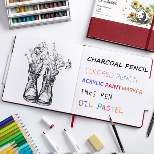 Sketchbook for Drawing, 120 Pages Sketch Book, 122LB/180GSM Thick Paper | Mixed Media Sketchbook for Charcoal Pencil, Inks Pen, Colored Pencil, Acrylic Marker, Oil Pastel - color: Red, size: Large (10×10INCH)