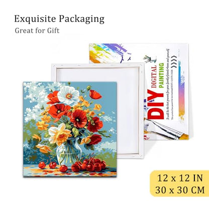Natuyalo Framed Paint by Number Kits for Adults Beginners, Flowers in Vase Easy Acrylic Adult Paint by Number Kits, Cherry DIY Painting by Numbers Kits with Frame Ideal Gift 12x12 Inch - color: Color-01