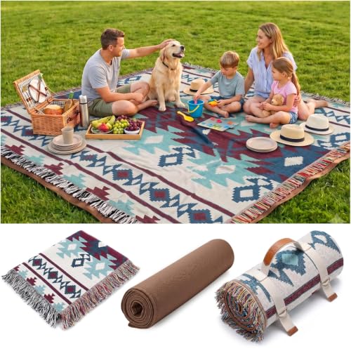 RYCHIC 2 in 1 Extra Large Boho Beach Blanket Towel Sand Free Outdoor Rug Picnic Mat Giant Oversized XL Jumbo Turkish Woven Throw Summer Vacation Essential Travel Must Have Accessories Women Gift - color: Boho Teal