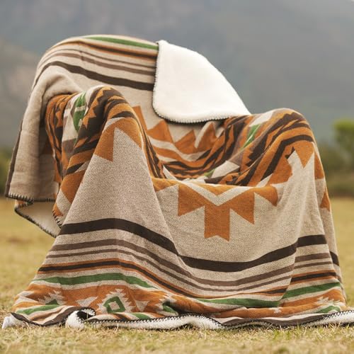 Aztec Throw Blanket with Soft Sherpa Lining, Traditional Southwestern Navajo Tribal Style Warm Throw for Camping, Outdoor, Cozy Boho Blanket for Couch, Sofa, Bed, 50"x60", Yellow - color: Yellow, size: 50" x 60"