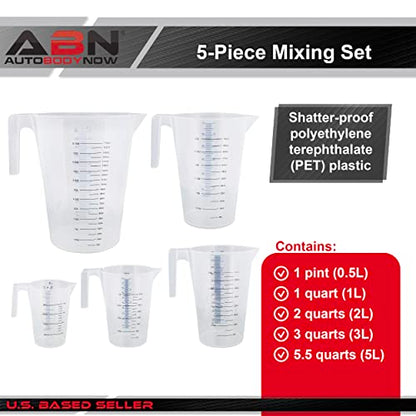 ABN 5 Piece Set of Graduated Paint Mixing Pitchers Quart and Gallon Sized Mixing Cups - 5000 ml, 3000 ml, 2000 ml, 1000 ml, 500 ml Plastic Mixing Cups for Paint, Resin, Epoxy and Home Kitchen and