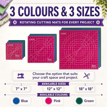 The Quilted Bear 7" x 7" Rotating Self-Healing Cutting Mat, Pink | Square Mat, 360° Rotation, Locking Mechanism, 5-Layer Surface, Non-Slip Base, Clear Inch Grid & Angle Guides for Quilting - color: Pink, size: 7"L x 7"W