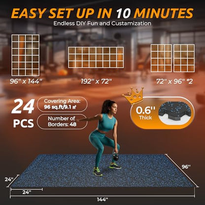 PRAISUN 0.6" Thicker Rubber Top 96 Sq Ft Gym Flooring for Home Gym | 24 Pcs Workout Mat, Exercise Mat, Interlocking Rubber Floor Mats with High Density EVA Foam for Garage, 24 x 24in, Black/Blue - size: 24 Tiles (96 Sq Ft)