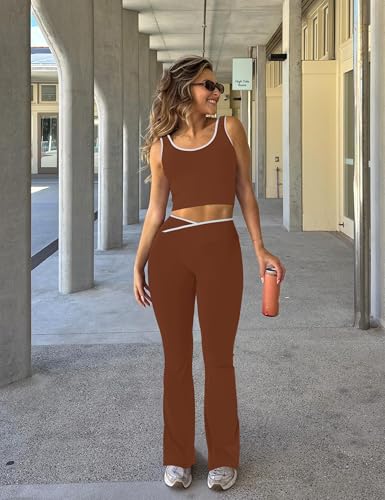 Womens Workout Sets 2 Piece Flare Leggings Contrast Top - color: Chocolate, size: Small