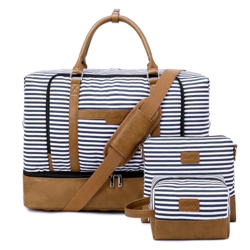 Weekender Bag, Large Travel Duffel Bag for Women, Carry on Overnight Bag with Shoe Compartment and Toiletry Bags - color: B-Blue-White