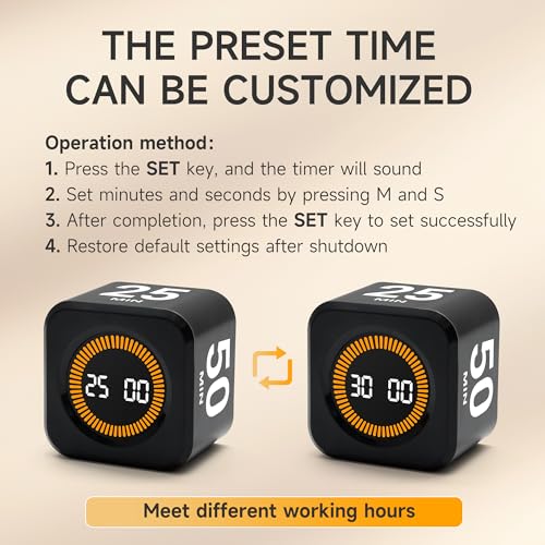 Rotating Productivity Timer, 5, 25, 10, 50 Minute Presets, Desk Cube | Gravity sensor with mute function; ADHD-friendly for work, study, kitchen and back to school - color: Black