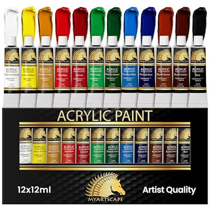 MyArtscape Heavy Body Acrylic Paint Set - 12 x 12ml Acrylic Paint | Rich pigment heavy body acrylic paint for canvas wood fabric with smooth blending and high opacity