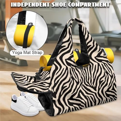 Yoga Gym Bag with Removable Adjustable Shoulder Strap, Shoe Compartment & Top Yoga Mat Holder 17.72x8.66x9.84in - color: Black Zebra Stripe Print