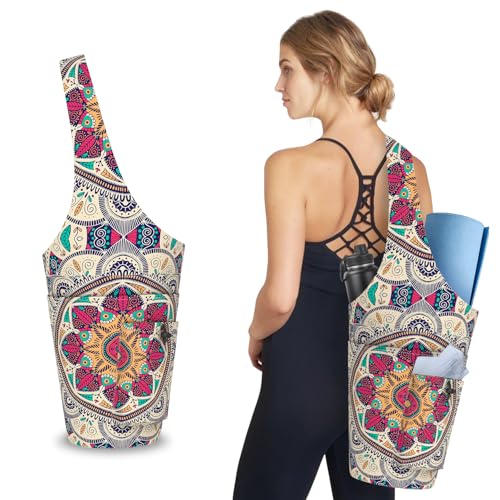 Mandala Yoga Mat Bag with Large Waterproof Zipper Pocket and Drawstring Pocket Long Tote Yoga Mat Carrier Holder Bags Fit Most Size Mats - color: Beige