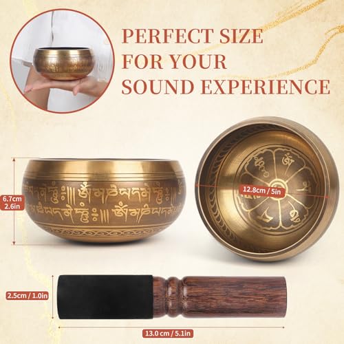 AKLOT HandMade Meditation Singing Bowl: Tibetan Sound Bowl Set with Pure Tone, Sound Bath Bowl with Cushion, Mallet, Carry Bag, Spiritual Gift for Chakra Clearing, Yoga, Prayer, Relaxation (5 Inch) - color: 5 inch Flower