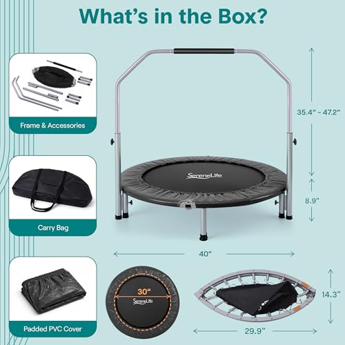 SereneLife 40" Foldable Mini Trampoline for Adults - Compact Fitness Rebounder with Adjustable Foam Handle, Exercise Trampoline with Max Load 330lbs, Indoor/Garden Whole-Body Workout - color: Deep Black