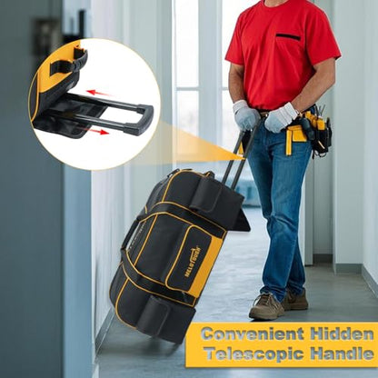 MELOTOUGH Rolling Tool Bag with Wheels,Large Capacity Tool Bag Organizer with Concealed Telescoping Handle for Electrician,Construction,HVAC,Technician (Yellow/Black) - color: Yellow/Black