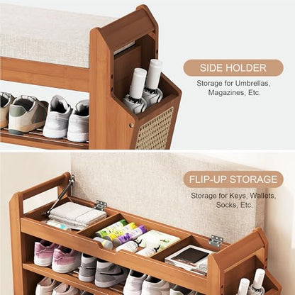 PETKABOO 31.5" Bamboo Shoe Rack Bench with Storage, 3-Tier Entryway Bench with Thick Cushion, Flip-Top & Side Baskets, Holds Up to 550 LBS for Hallway, Living Room, Bedroom - color: 31.5"