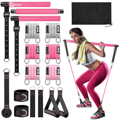 Bbtops Pilates Bar Kit with Resistance Bands,Pilates Bar with Stackable Bands Workout Equipment for Legs,Hip,Waist and Arm,Exercise Fitness Equipment for Women & Men Home Gym Yoga Pilates - color: Hot Pink