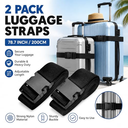 Black Luggage Strap to Fix Suitcase, Adjustable Lockable Strap for Travel - size: 80Inch