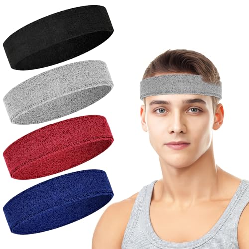 4 Pack Cotton Terry Sweat Headbands for Men Women Running Gym - color: Black/Gray/Blue/Red