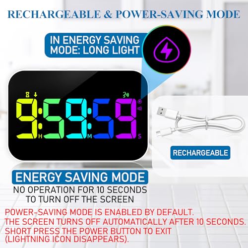 Kitchen LED Digital Timer Rechargeable, RGB Count Down Up Digital Timer with Vioce Reminder for Kitchen Classroom Cooking Study, Vibration Mode 3 Level Adjustable Volume and Brightness