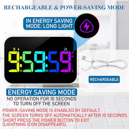 Kitchen LED Digital Timer Rechargeable, RGB Count Down Up Digital Timer with Vioce Reminder for Kitchen Classroom Cooking Study, Vibration Mode 3 Level Adjustable Volume and Brightness