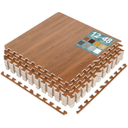 Sorbus Interlocking Wood Grain Foam Floor Tiles (12 Pack, Pine) | 3/8-inch EVA floor mats create cushioned foam flooring for playrooms, basements, apartments, trade shows and baby spaces. - color: Pine, size: 12 Pack