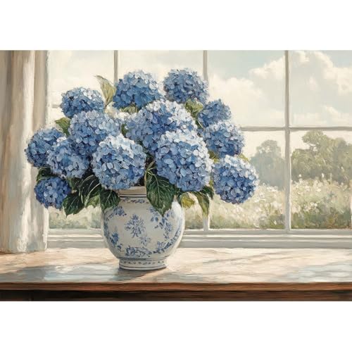 Diamond Art Painting Kits for Adults, Blue Hydrangea Full Drill Diamond Dots Paintings for Beginners, Round 5D Paint with Diamonds Pictures Gem Art Painting Kits DIY Farmhouse Window Sill Decor16x12 - color: Hydrangea 2