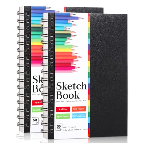 5.5" x 8.5" Mini Sketch Book 2 Pack, Spiral Bound, 100Gsm Paper | 50 Sheets Each, Acid-Free Paper, Top Spiral, Lays Flat, Clean Tear-Out Pages, For Kids Students Beginners - size: 5.5x8.5