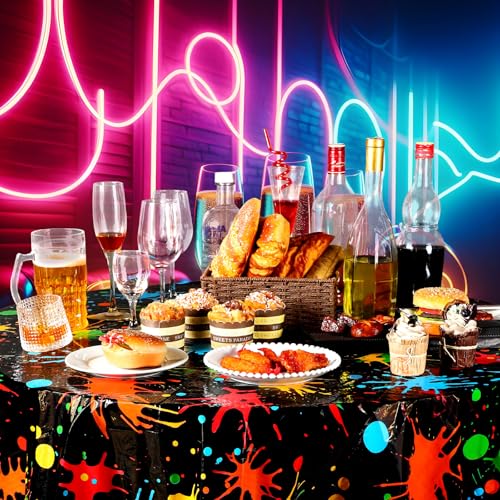 Tioncy 3 Pack Neon Glow Party Tablecloths 84 x 84 Inch Round Disposable Plastic Table Covers Paint Splatter Birthday Party Table Cloth for Glow in The Dark Event Black Light Supplies