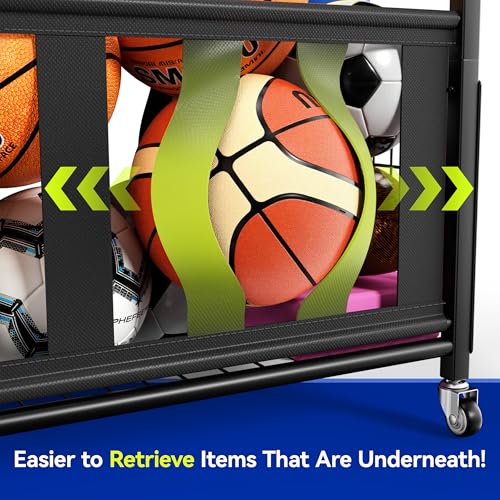 Sports Equipment Organizer, Large Capacity Garage Ball Storage Rack | Heavy-Duty Rolling Ball Cart with Locking Wheels for Basketball, Soccer & Sports Gear