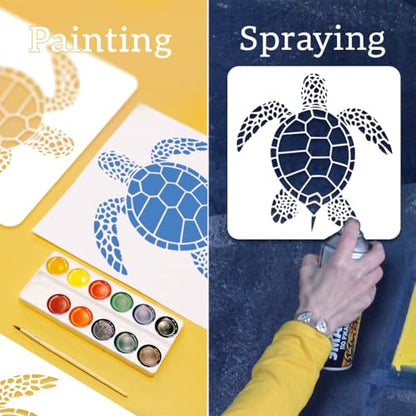 4Pcs Sea Turtle Wall Stencil Templates 11.8" x 11.8" and A4 Size Reusable Turtle Pattern Stencils for Painting on Wood Wall Floor Fabric Glass Furniture, DIY Home Decor or Craft Stencils | 11.8" x 11.8" & A4 Plastic Craft Stencils, Turtle Wall Stencils, D