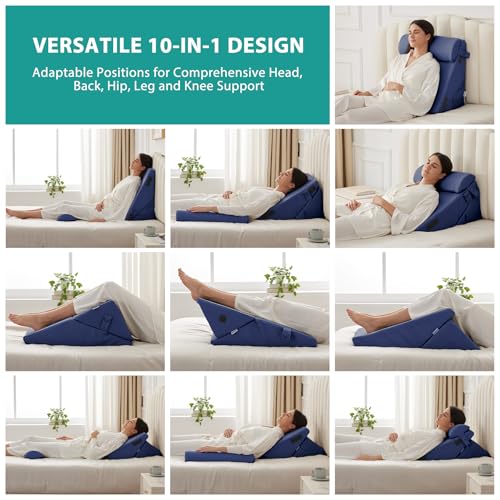 Bedluxe 3Pcs Orthopedic Bed Wedge Pillow Set, Foam Wedge Pillow Post Surgery for Back, Leg and Knee Support, Adjustable 9&12 Inch Folding Triangle Pillow for Sleeping, Acid Reflux, Snoring, Navy - color: Navy, size: Adjustable 9&12 Inch + 1 Head Pillow