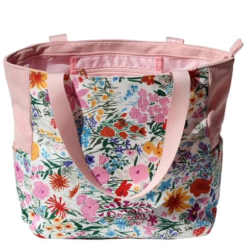 ESVAN Original Floral Water Resistant Large Tote Bag Shoulder Bag for Gym Beach Travel Daily Bags Upgraded - color: Corduroy Pink Flower