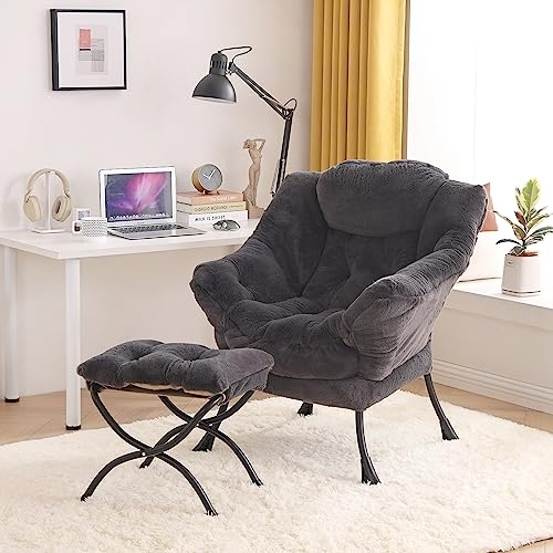 Tiita Lazy Chair with Ottoman, Comfy Reading Accent Chair, Plush Navy - color: Plush-navy